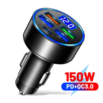 150W USB Automobilinis Įkroviklis LED 5 Uostuose Greitai Įkrauti PD QC3.0 Ekrano Įtampos Automobilinis Telefono Kroviklis C Tipo Adapteris, skirtas 