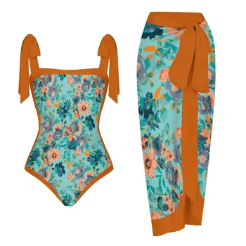 2023 Moterų Retro Maudymosi Kostiumėlis & Sijonas Orange Holiday Beach Suknelė Vintage Dizaineris Maudymosi Kostiumą, Vasarą Naršyti Dėvėti Plaukimo Drabužiai