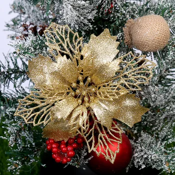 5/10vnt Kalėdinė Vadovai Raudonas Auksas Bling Gėlių Kalėdų Medžio Kabo Dekoro Kalėdinė Dekoracija Namuose 2024 Navidad Noel