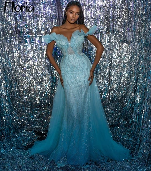 Afrikos Mėlyną Vakarinę Suknelę Su Overskirt Elegantiškas Off Peties Undinė Duobute Oficialų Prom Chalatai Arabų Užsakymą Skraiste Soirée