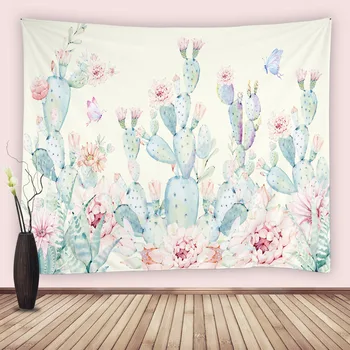 Akvarelė Kaktusas Gobelenas Žalia Atogrąžų Augalai, Pink Gėlių Drugelis Sultingi Sienos Kabo Boho Gobelenai Namų Miegamojo Puošimas