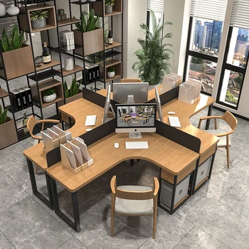 Biuro darbuotojai stalas, multi-asmuo, 4-vietų stalas, stendas turėtojas, kampas lenktas medžio masyvo biuro kompiuterio stalas