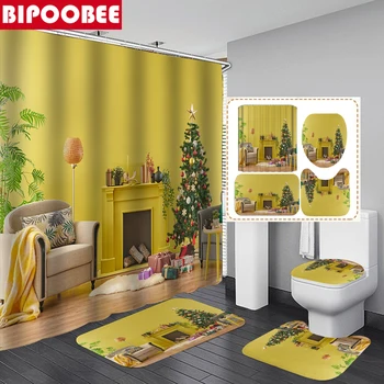 Geltona Kambarį Dekoratyvinis Spausdinti Dušo Užuolaidos 3d Modernus Vonios Užuolaidos Kalėdų Eglutė Vonios Kilimėliai Tualeto Dangčio Padengti Kilimėliai