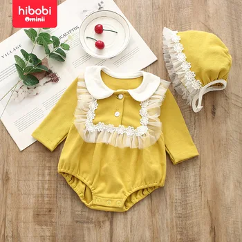 hibobi 2-Piece Pavasario Baby Girl Spalva-Blokuoti Atvartas Nėrinių Dekoras ilgomis Rankovėmis Trikampis Romper & Hat Tinka Mergaitėms 0-18 Mėnesių