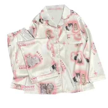 Kawaii jaunimo mergina pjs satino homewear ilgas trumpas mados pyjama Cute Kačių Spausdinti Vasarą Naujas Plonas Pižama Moterų Šilko Namuose Nustatyti
