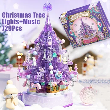 Kūrybos Violetinė Kalėdų Eglutė Muzikos Dėžutė Su Led Žibintai Modelio Blokai Romantiška Papuošalai 