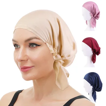 Naujas Musulmonų Moterys Šilkiniai iš Anksto susieta Turbaną Strech Skrybėlę, Skarą Skarelės Apdangalai, Plaukų Slinkimas Vėžio Chemo Bžūp Miegą Hijab Dangtis