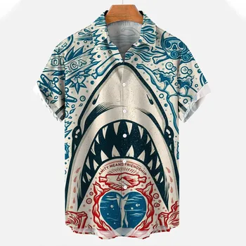 Nauji vyriški Marškiniai 3D Gyvūnų Spausdinti Drabužių Mados Mygtuką Trumpas Rankovės Atvartas Streetwear Marškinėliai Vyrams Havajų Ryklys Palaidinė Marškinėlius