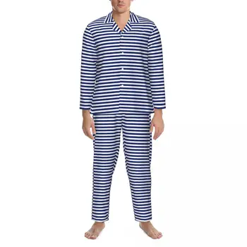 Navigacinės Dizainas Sleepwear Rudenį Mėlynos ir Baltos Juostelės Šviesą Negabaritinių Pajama Komplektai Vyrams, ilgomis Rankovėmis Mados Laisvalaikio Namuose Kostiumas