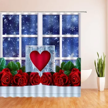 Raudona Rožė Dušo Užuolaidos Naktį Sniego Lange Gėlių Kaimiškas Širdies Rožių Gėlių, Romantiškos Meilės Valentino Audinio Vonios Užuolaidos Kablys