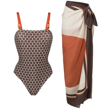 Retro Bikini Spausdinti Mados vientisi maudymosi kostiumėlį Ir Padengti Su Sijonu Stora Moterų Tvarstis Vasaros Paplūdimio Prabangus Elegantiškas 2024