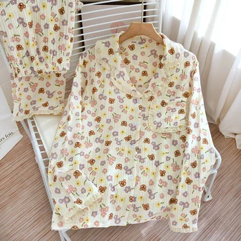 Saldus Gėlių padengia 100% dvigubą marlę raukšles medvilnės pižama rinkiniai moterims Pavasario vasaros minkštas ilgomis rankovėmis grynos medvilnės sleepwear moterims