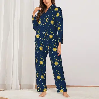 Sun Moon Stars Sleepwear Rudenį Mielas Spausdinti Atsitiktinis Negabaritinių Pajama Nustatyti Lady Ilgomis Rankovėmis Retro Miegamasis Priskirtą Kostiumas