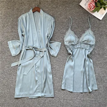 Vasaros Kimono Skraiste Satino Suknelė Moterų Sexy Sleepwear Liemenėlė Su Nėrinių Teismas Stiliaus Dviejų Dalių, Chalatas&Suspender Nightdress Rinkinys